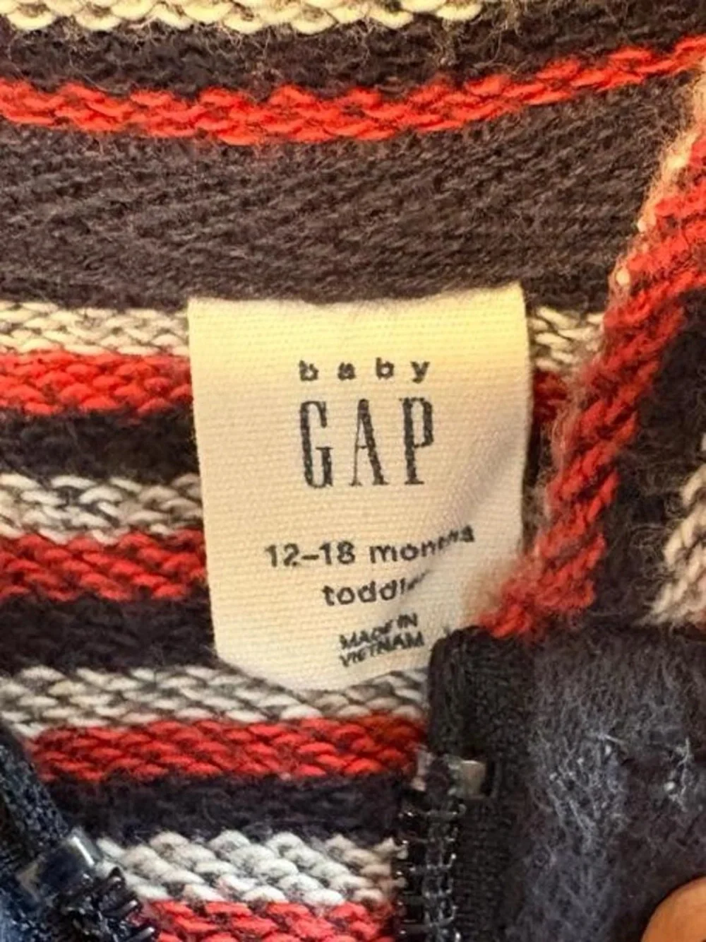 Navy Zip-Up Baby Gap Jacket with Striped Collar and 'G' Patch 12-18 months